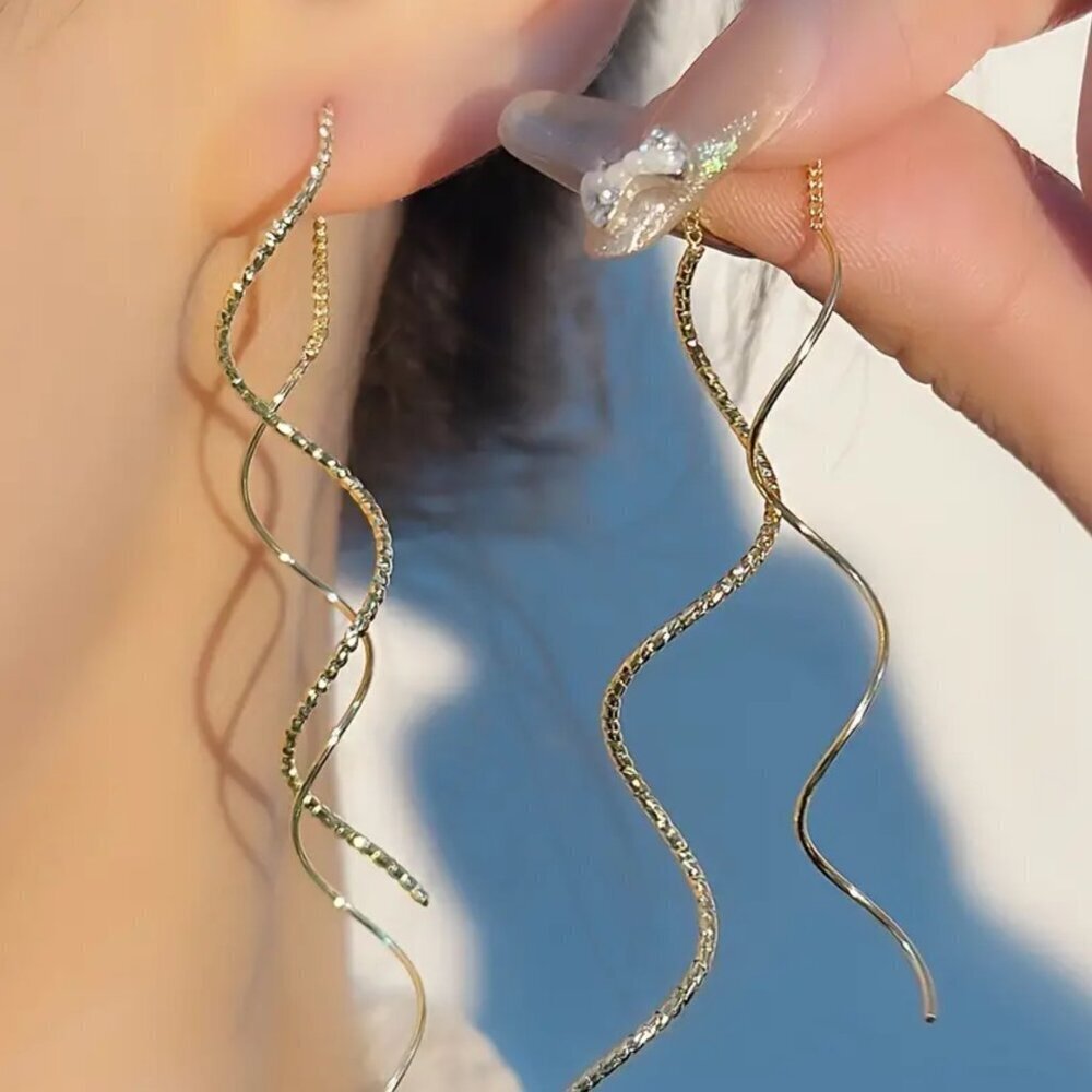 NEW gold spiral dangle earrings, thread earrings, wave tassel dangle earrings